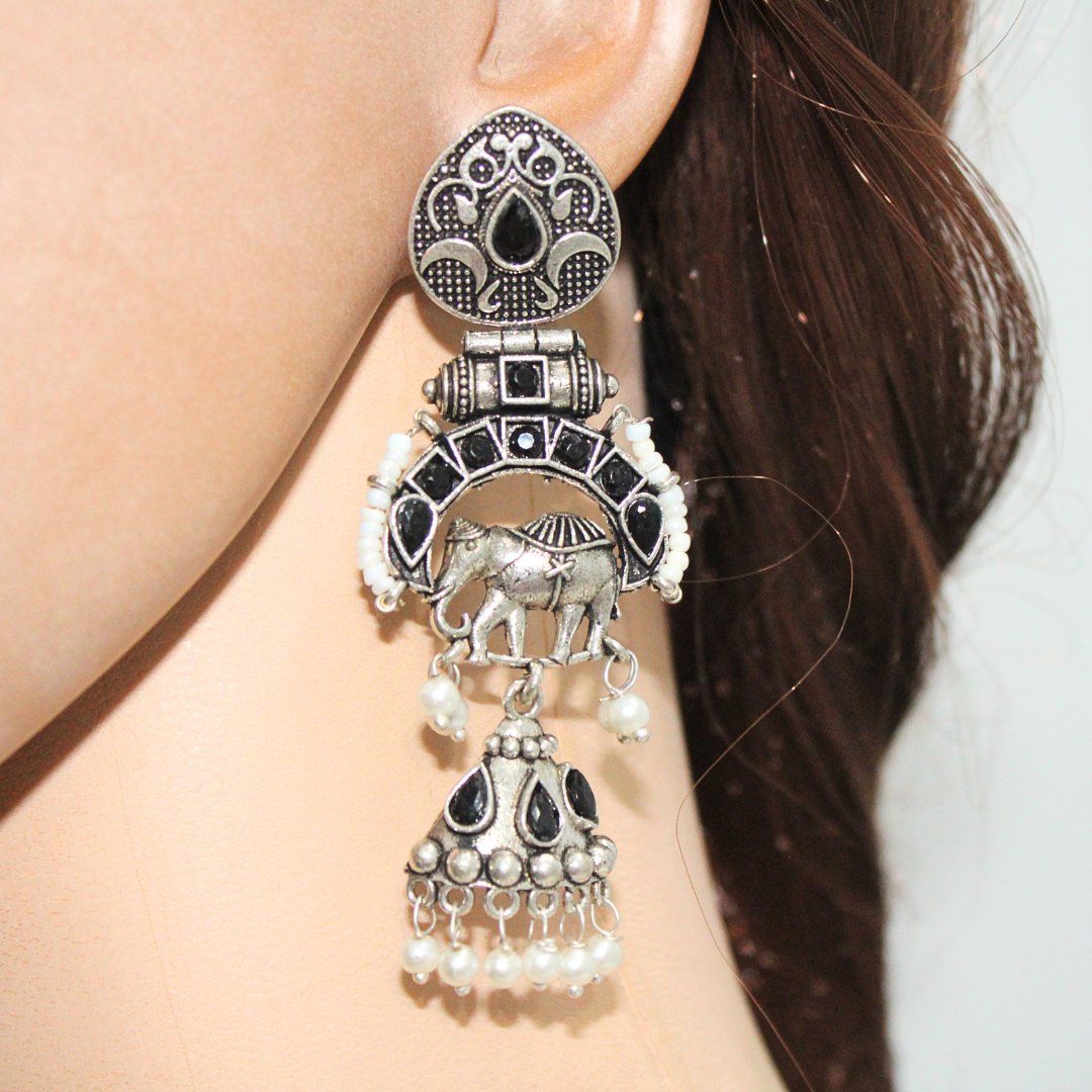 PEARL & BEADS ELEPHANT DANGLER-BLACK -EARRING