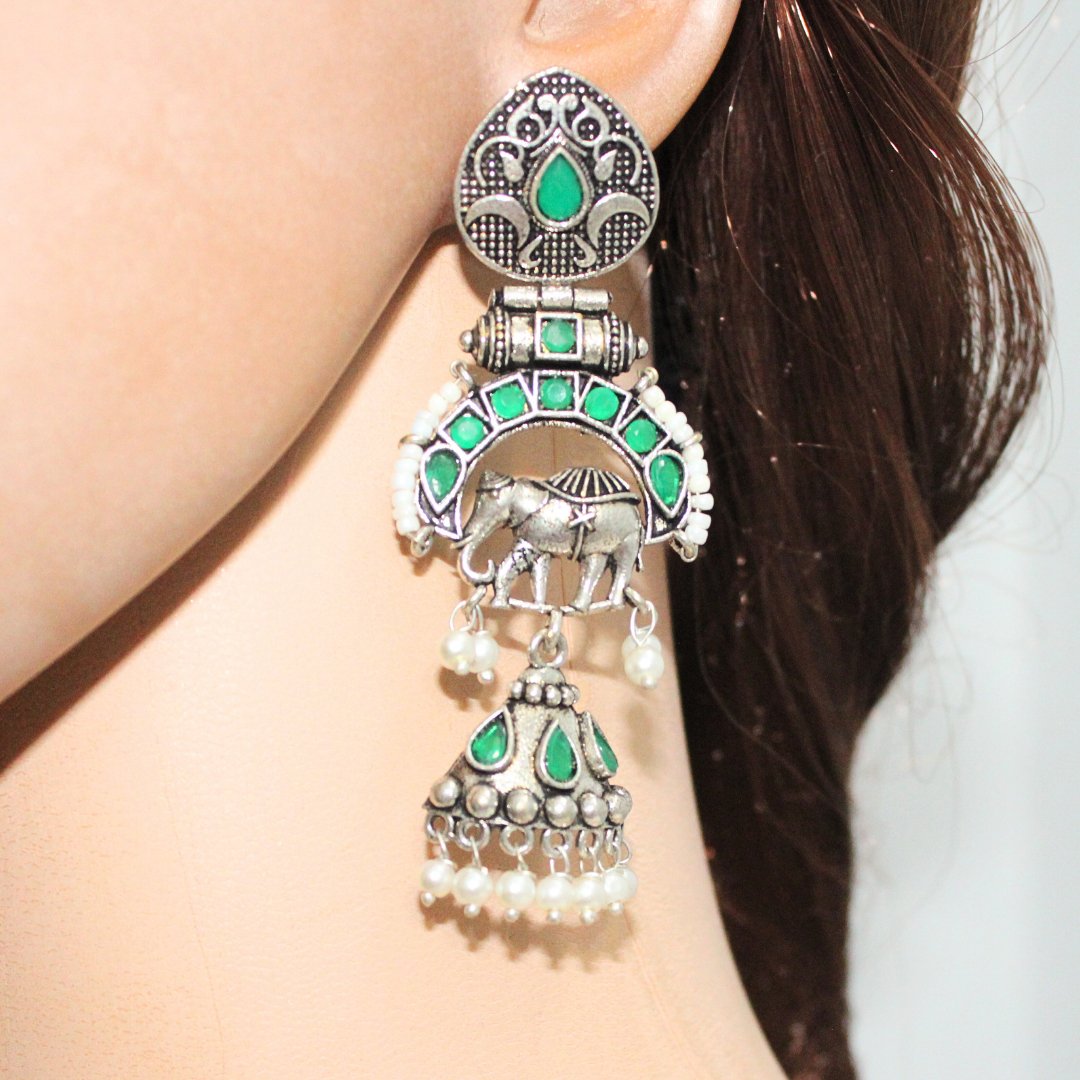 PEARL & BEADS ELEPHANT DANGLER-GREEN -EARRING