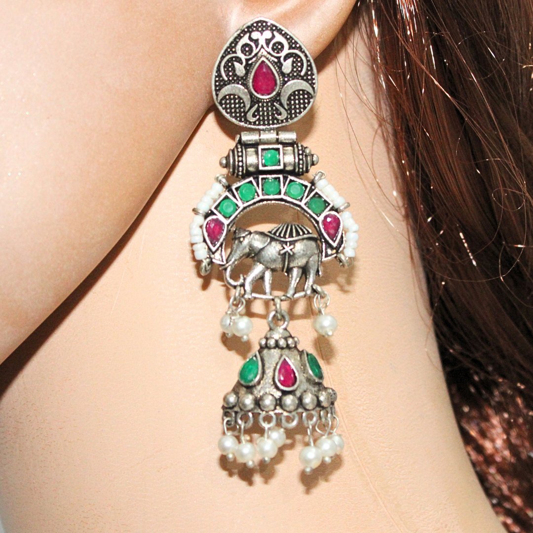 PEARL & BEADS ELEPHANT DANGLER-MAROON & GREEN -EARRING