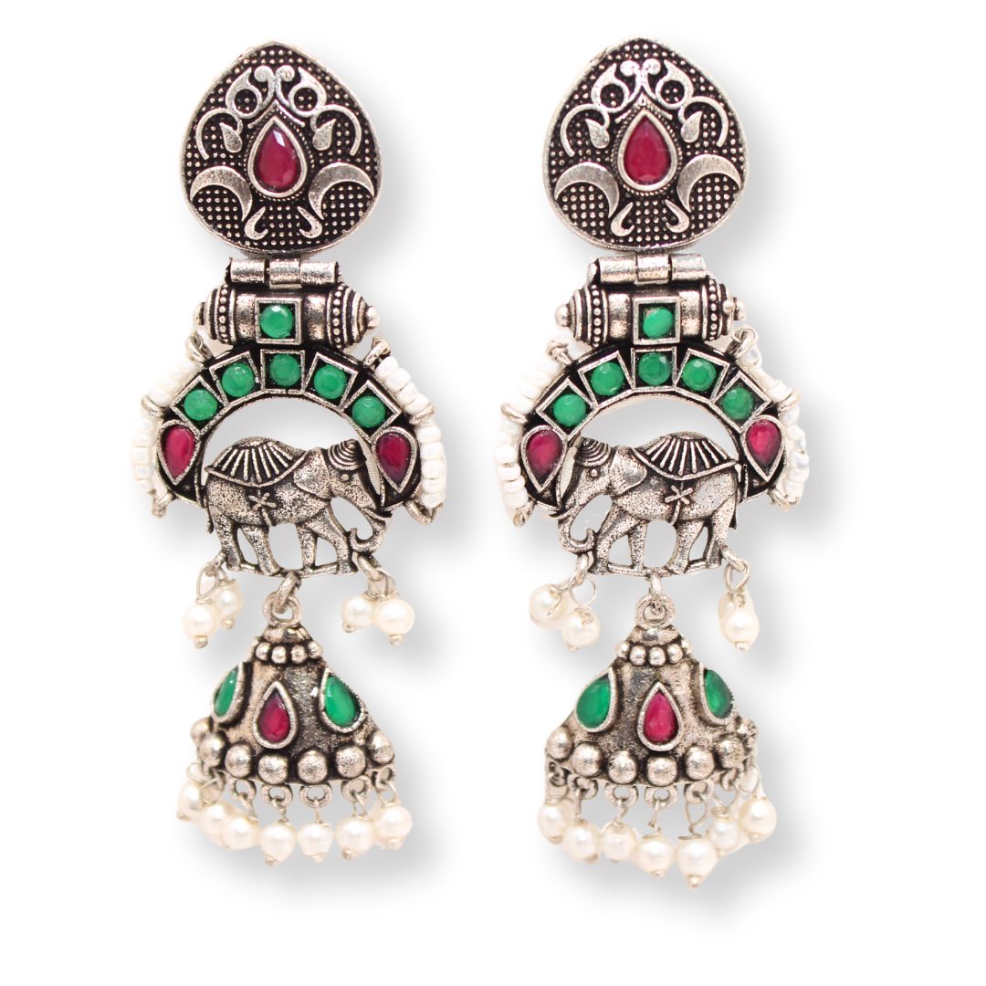 PEARL & BEADS ELEPHANT DANGLER-MAROON & GREEN -EARRING