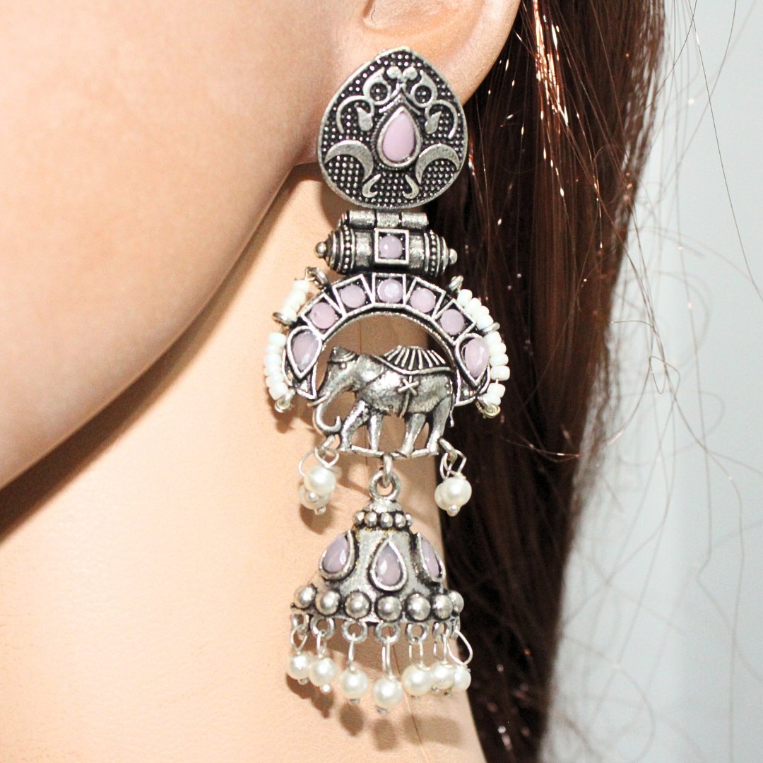 PEARL & BEADS ELEPHANT DANGLER-PINK -EARRING