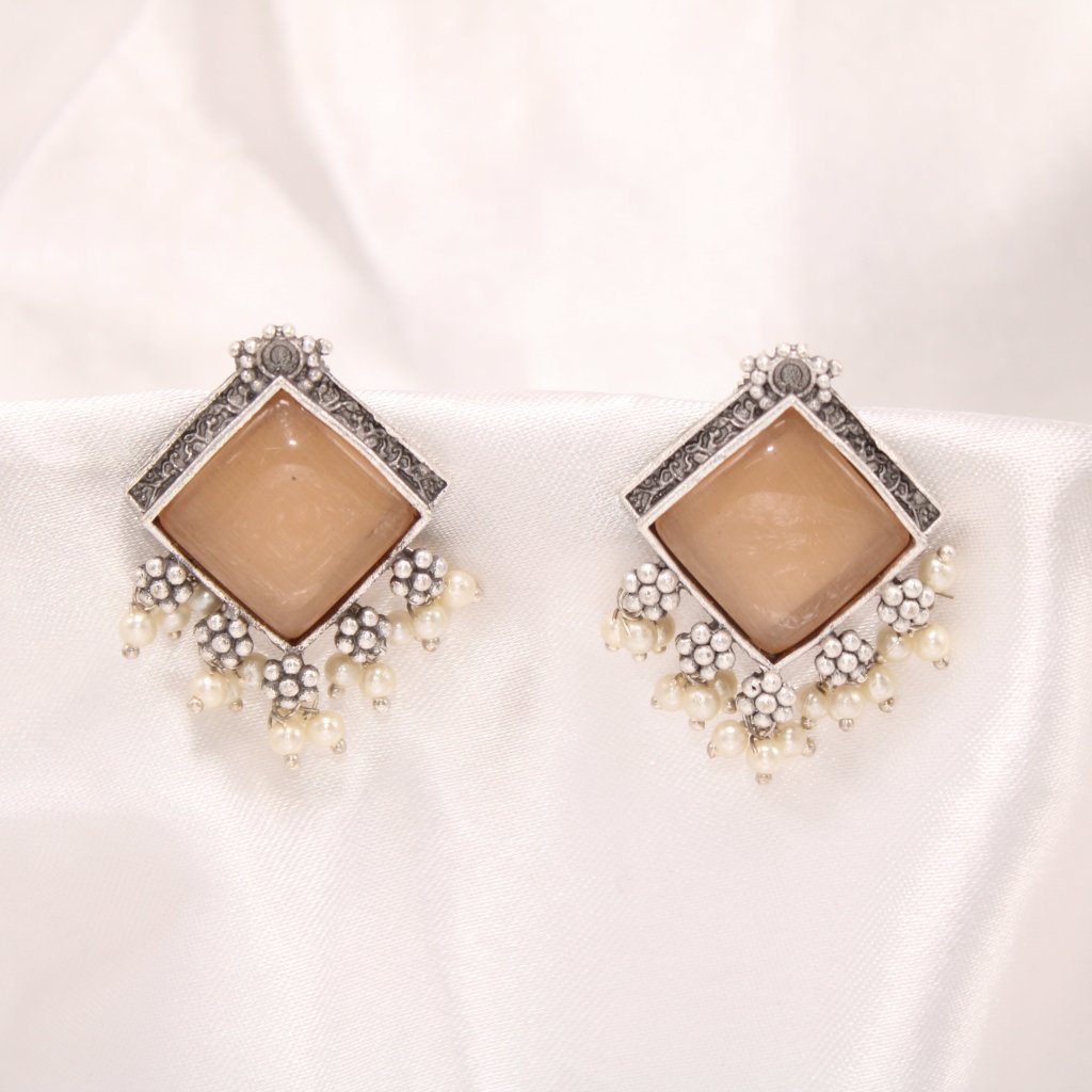 RAINBOW SPARKLE STONE STUD EARRING-BEIGE -EARRING