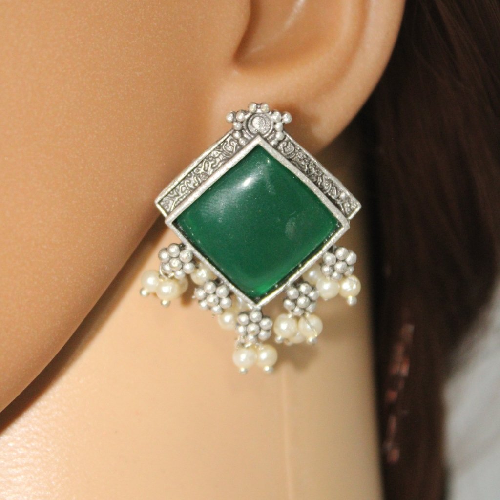 RAINBOW SPARKLE STONE STUD EARRING-DARK GREEN -EARRING