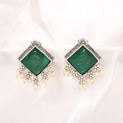 RAINBOW SPARKLE STONE STUD EARRING-DARK GREEN -EARRING