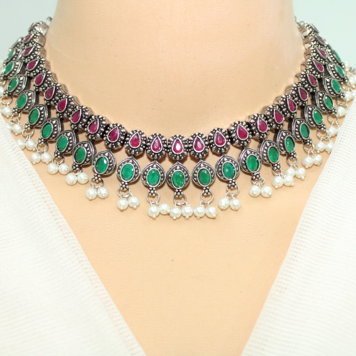 RATNA SHREE NECKLACE SET-MAROON & GREEN -Necklaces