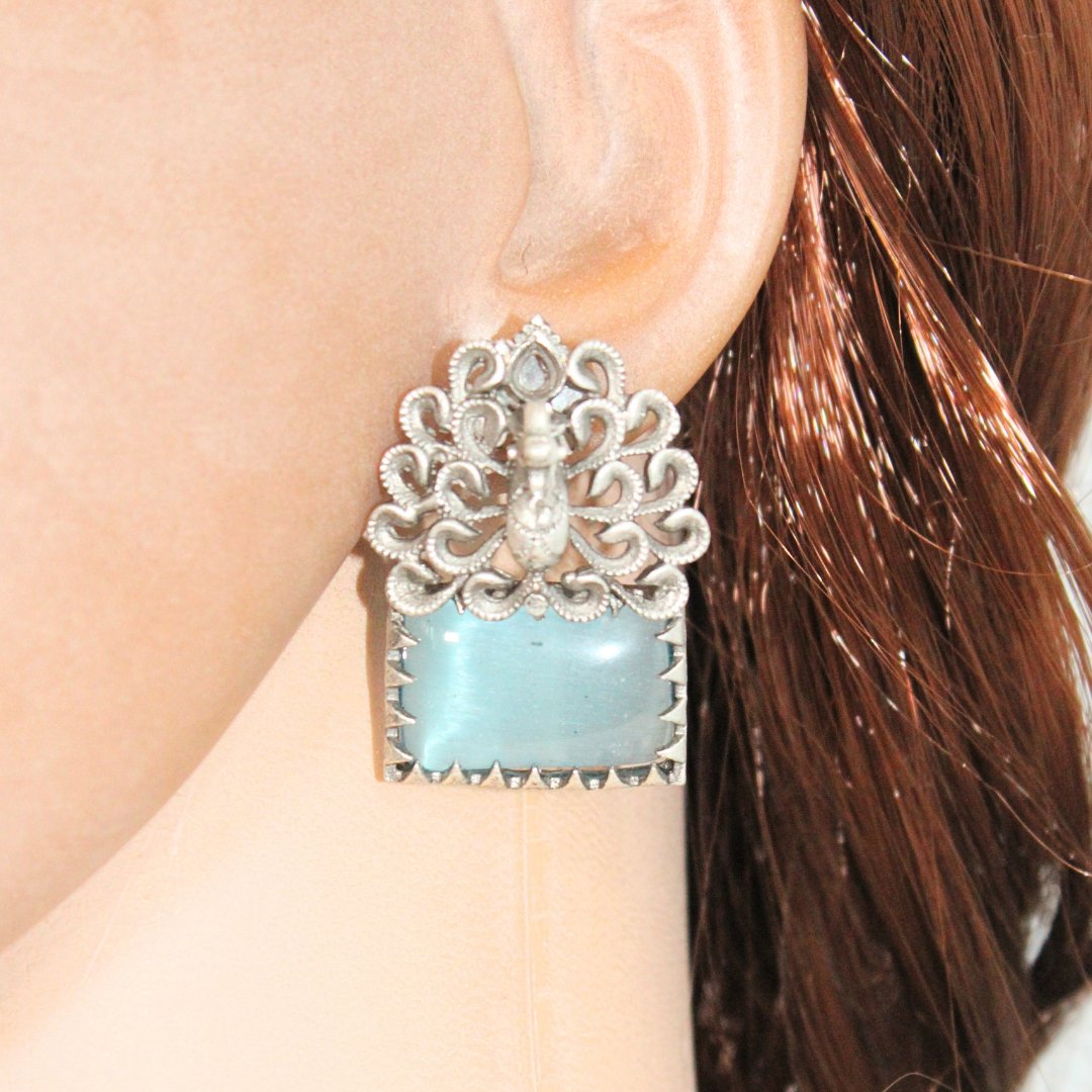 SILVER LOOK ALIKE DANCING PEACOCK STONE STUD -EARRING