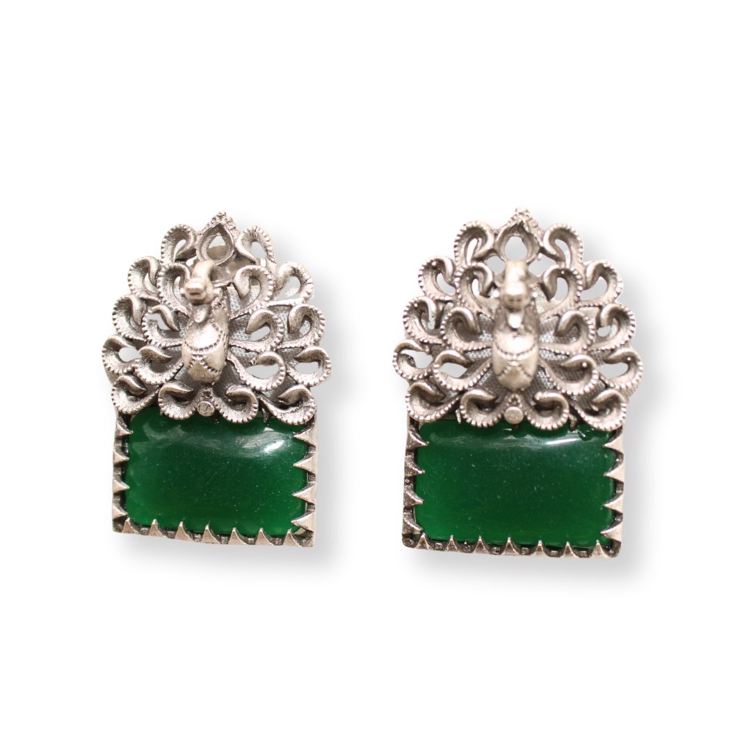 SILVER LOOK ALIKE DANCING PEACOCK STONE STUD-GREEN -EARRING