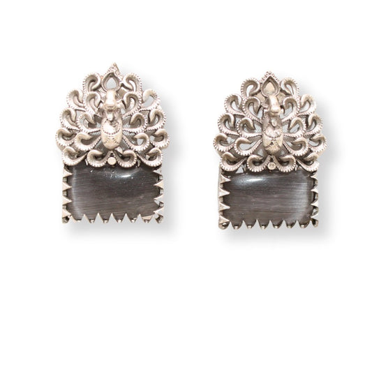 SILVER LOOK ALIKE DANCING PEACOCK STONE STUD-GREY -EARRING