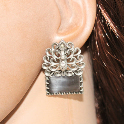 SILVER LOOK ALIKE DANCING PEACOCK STONE STUD-GREY -EARRING