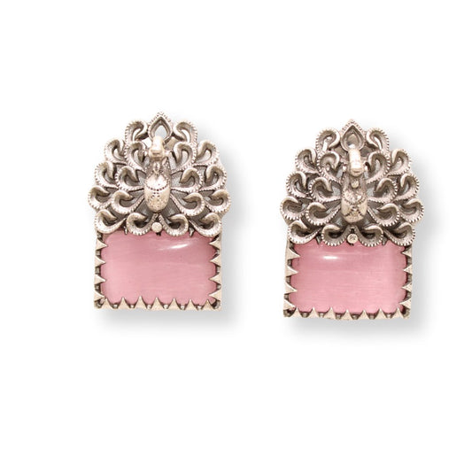 SILVER LOOK ALIKE DANCING PEACOCK STONE STUD-PINK -EARRING