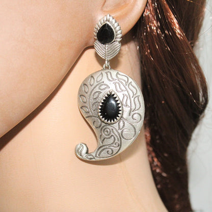 SILVER LOOK ALIKE KUNJ KALI EARRING-BLACK -EARRING