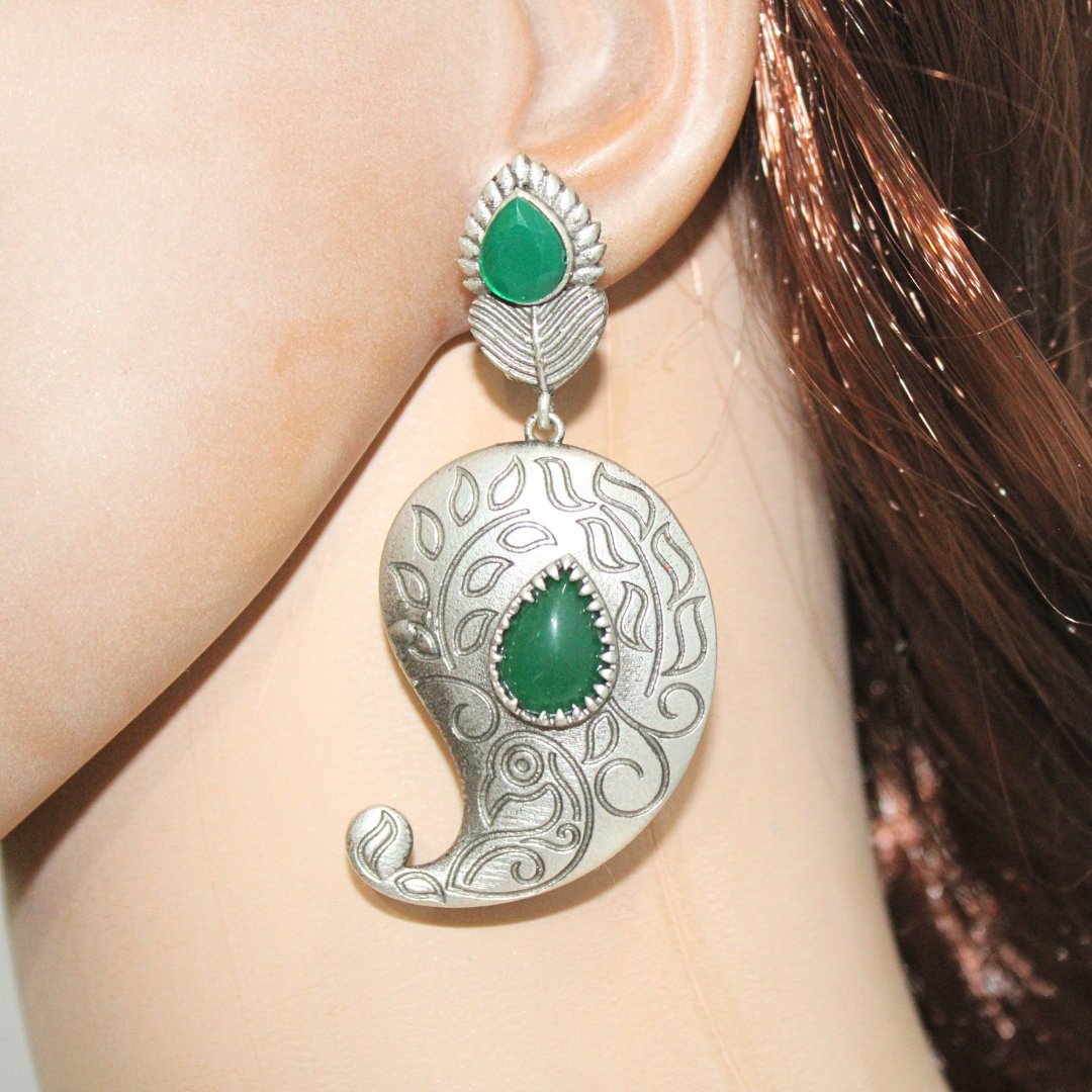 SILVER LOOK ALIKE KUNJ KALI EARRING-GREEN -EARRING