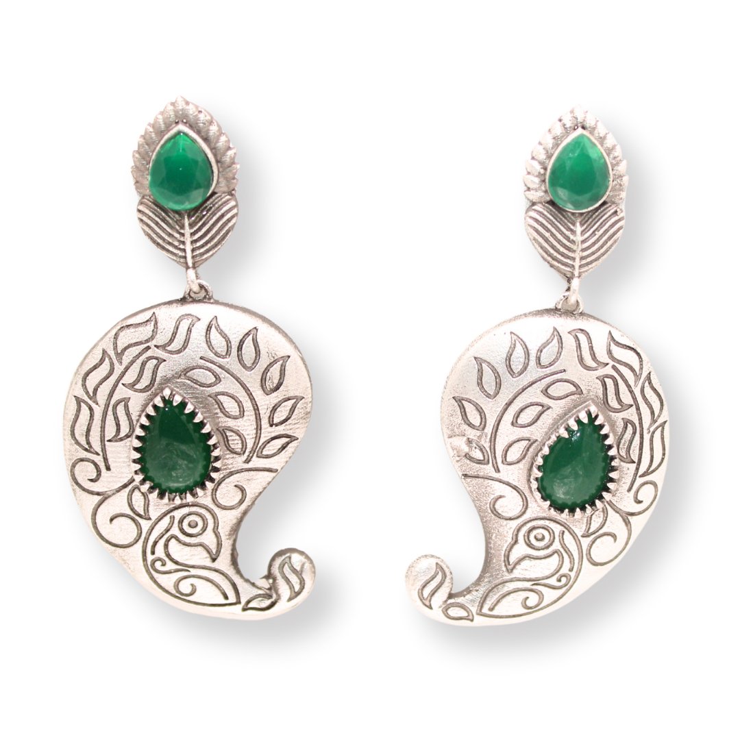 SILVER LOOK ALIKE KUNJ KALI EARRING-GREEN -EARRING