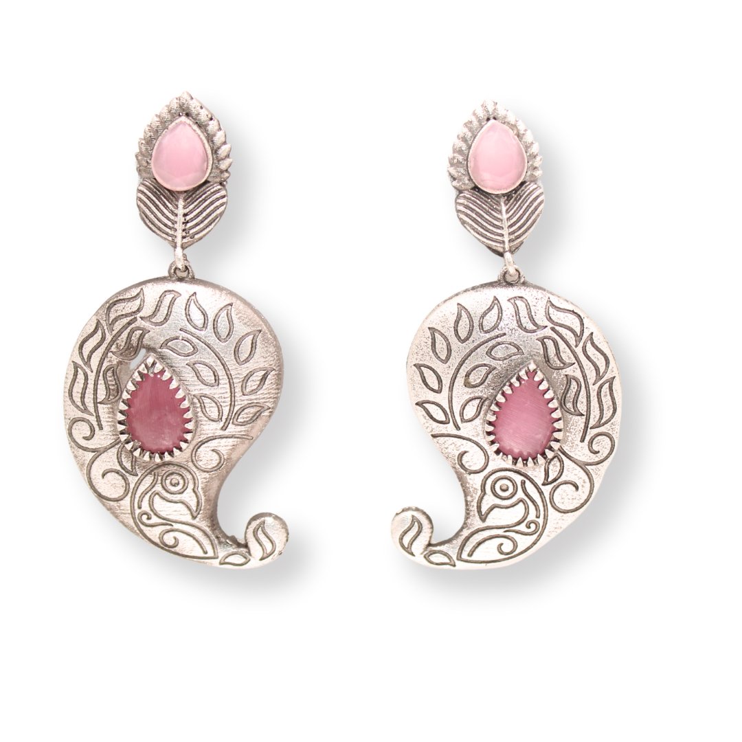 SILVER LOOK ALIKE KUNJ KALI EARRING-PINK -EARRING