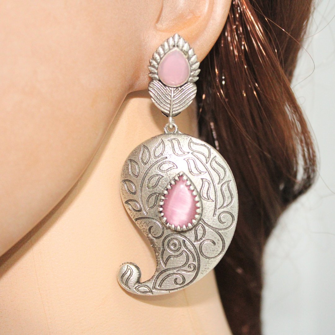 SILVER LOOK ALIKE KUNJ KALI EARRING-PINK -EARRING