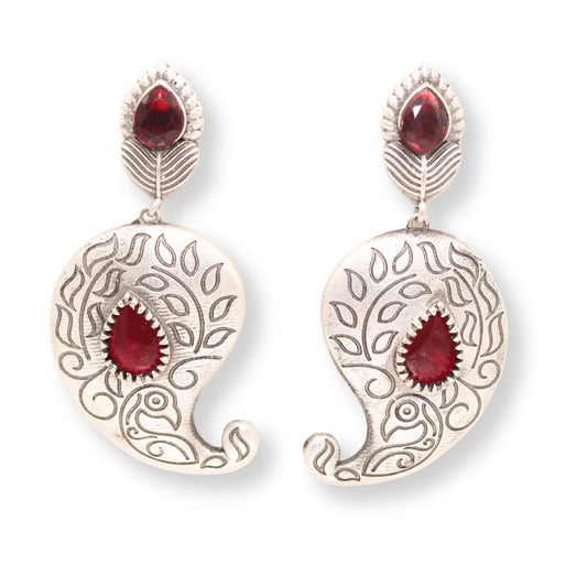 SILVER LOOK ALIKE KUNJ KALI EARRING-RED -EARRING