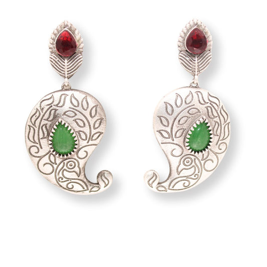 SILVER LOOK ALIKE KUNJ KALI EARRING-RED & GREEN -EARRING