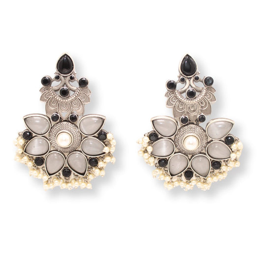 SILVER LOOK ALIKE MAYUR PANKHURI EARRING-GREY -EARRING