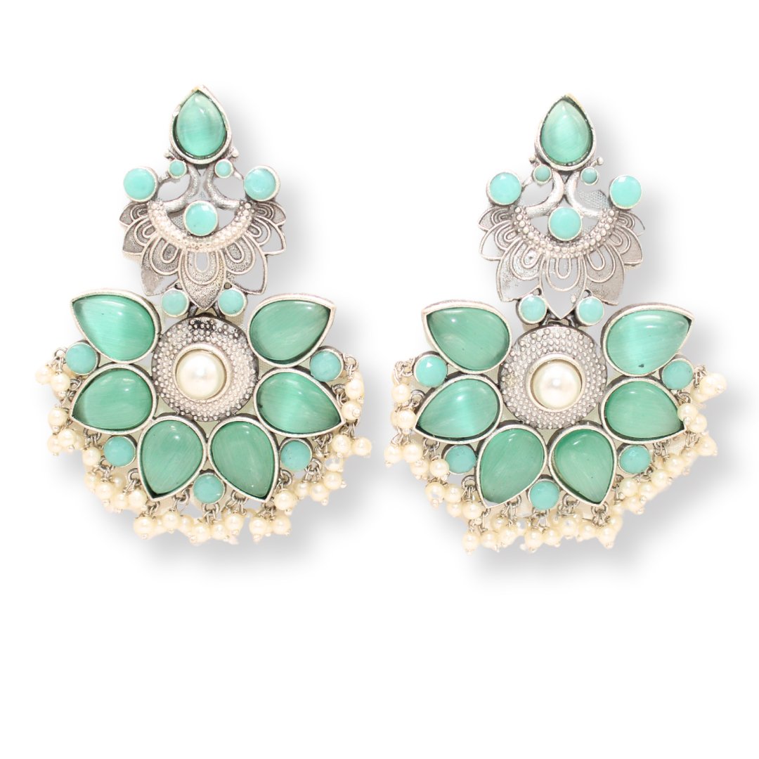 SILVER LOOK ALIKE MAYUR PANKHURI EARRING-TURQUOISE -EARRING