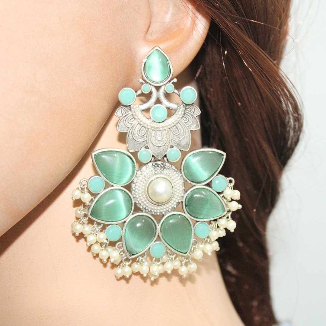 SILVER LOOK ALIKE MAYUR PANKHURI EARRING-TURQUOISE -EARRING