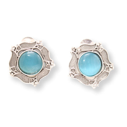 SILVER LOOK ALIKE ROUNDK STONE STUD-BLUE -EARRING