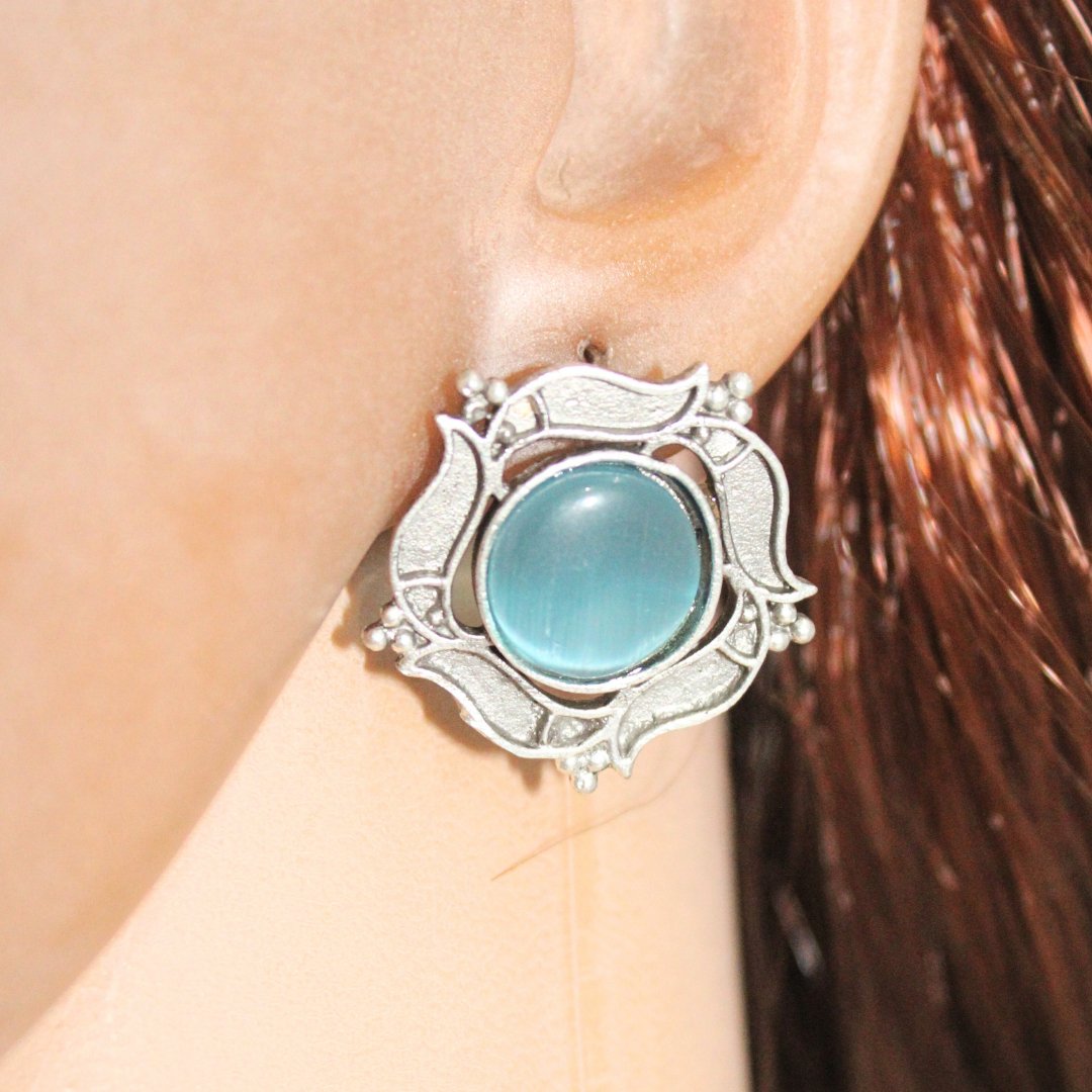 SILVER LOOK ALIKE ROUNDK STONE STUD-BLUE -EARRING