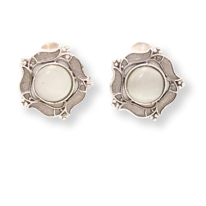 SILVER LOOK ALIKE ROUNDK STONE STUD-GREY -EARRING