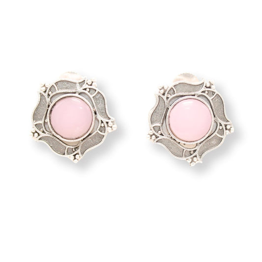 SILVER LOOK ALIKE ROUNDK STONE STUD-PINK -EARRING