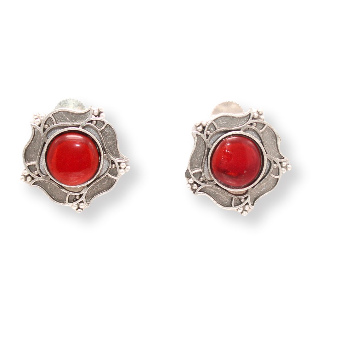 SILVER LOOK ALIKE ROUNDK STONE STUD-RED -EARRING