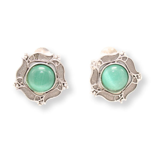 SILVER LOOK ALIKE ROUNDK STONE STUD-TURQUOISE -EARRING