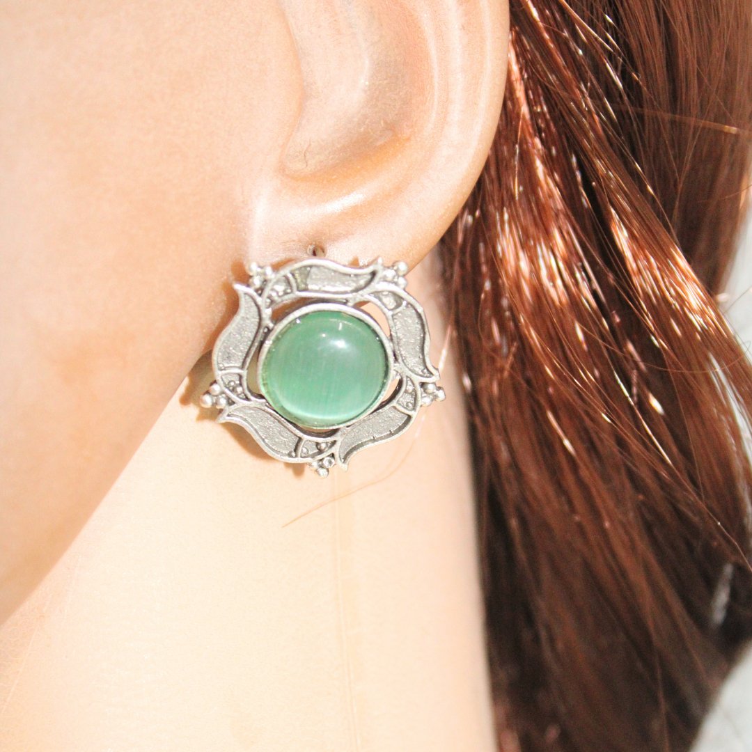 SILVER LOOK ALIKE ROUNDK STONE STUD-TURQUOISE -EARRING