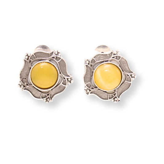 SILVER LOOK ALIKE ROUNDK STONE STUD-YELLOW -EARRING