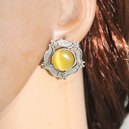 SILVER LOOK ALIKE ROUNDK STONE STUD-YELLOW -EARRING