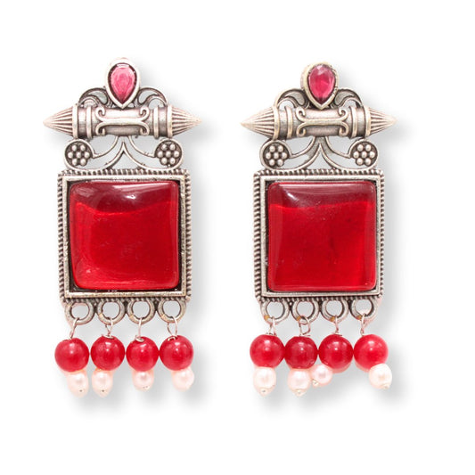 SNEHA SQUARE STONE EARRING-RED -EARRING