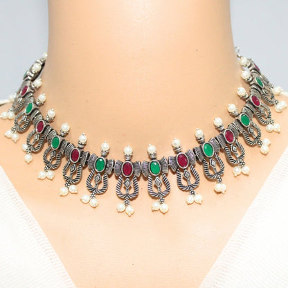 TEMPLE DESIGN NAVRANG NECKLACE SET-MAROON & GREEN -Necklace set