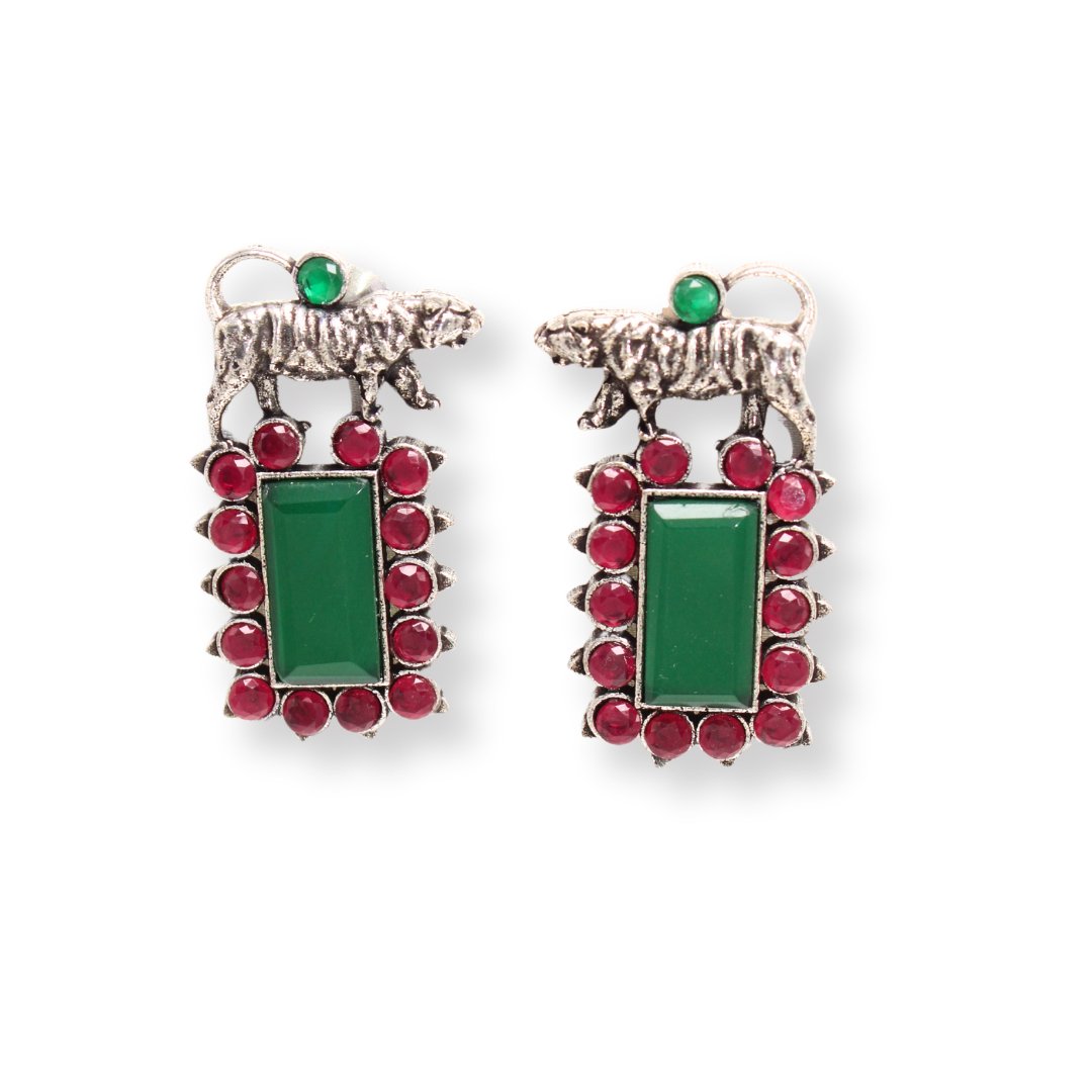 TIGER EARRING STUDS WITH STONE-GREEN -EARRING