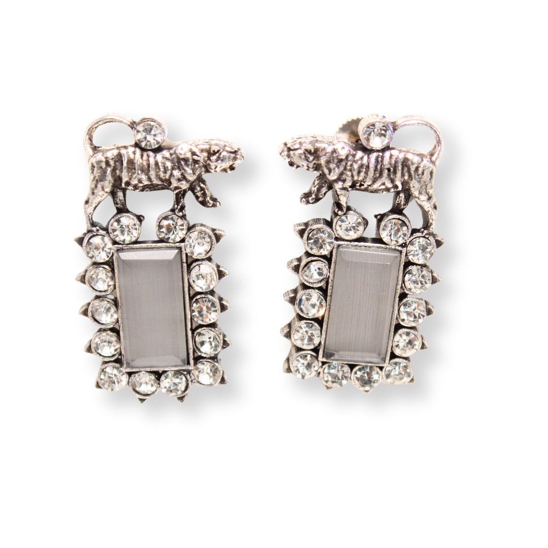 TIGER EARRING STUDS WITH STONE-GREY -EARRING