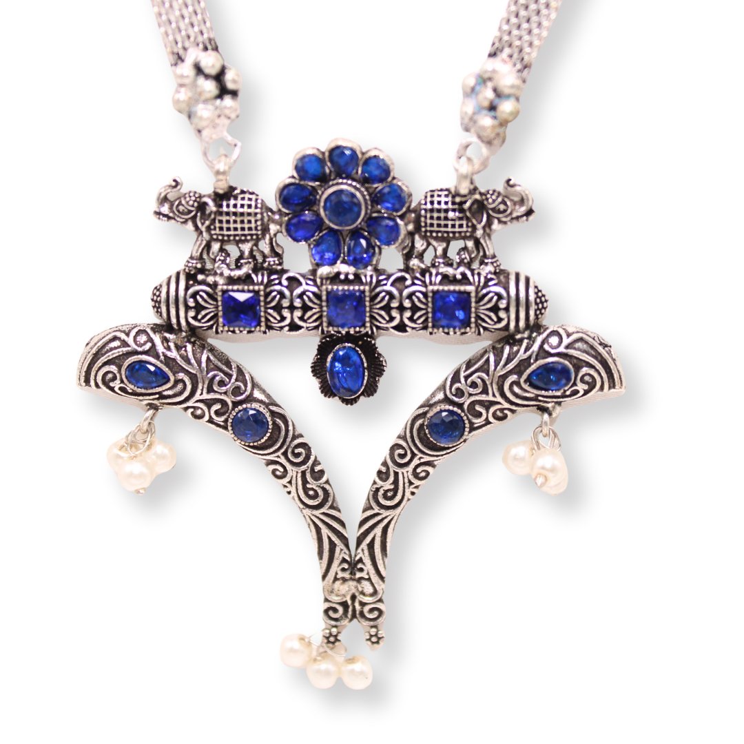 V-SHAPE PENDANT SET WITH MATCHING JHUMKIS-BLUE -