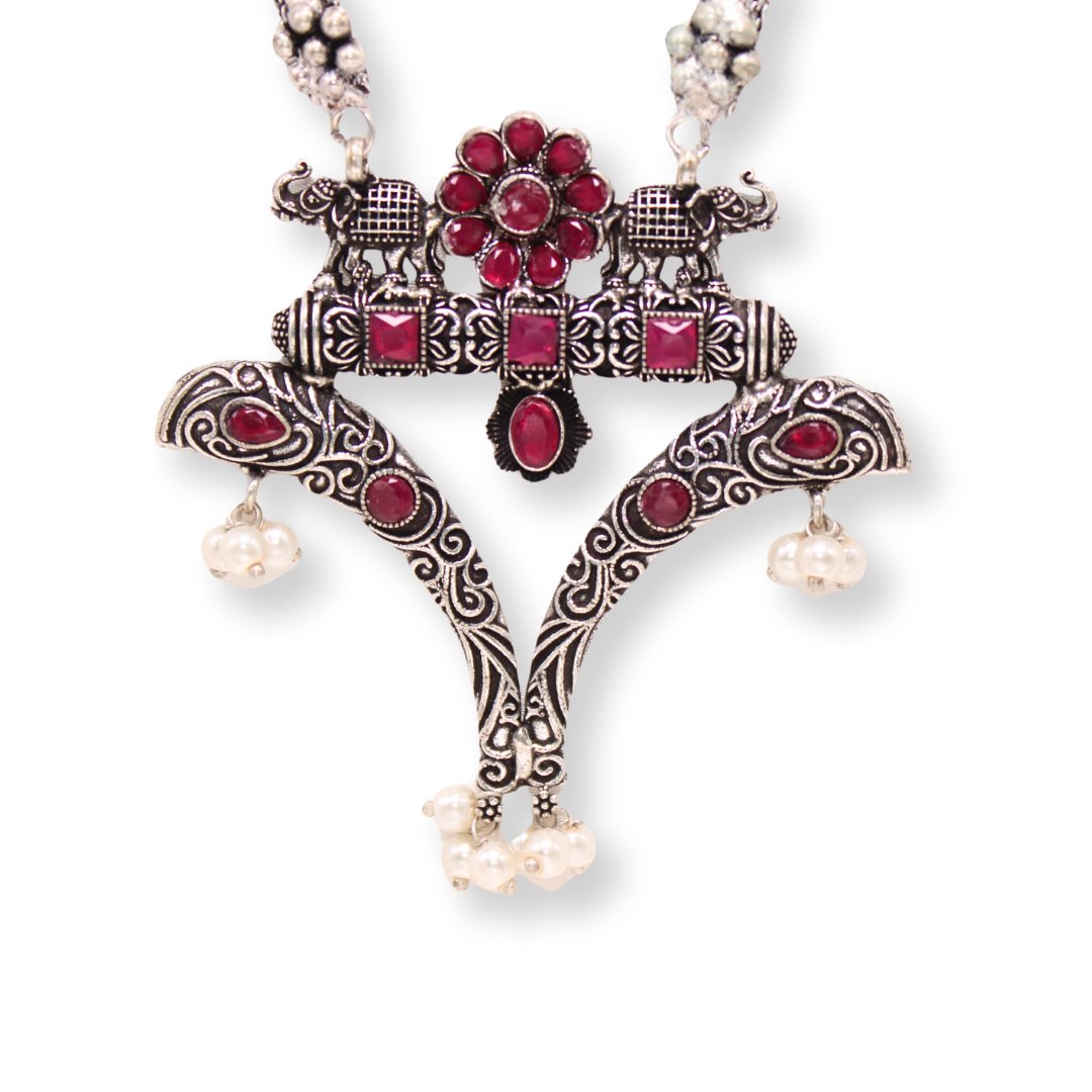 V-SHAPE PENDANT SET WITH MATCHING JHUMKIS-RED -