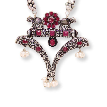 V-SHAPE PENDANT SET WITH MATCHING JHUMKIS-RED -